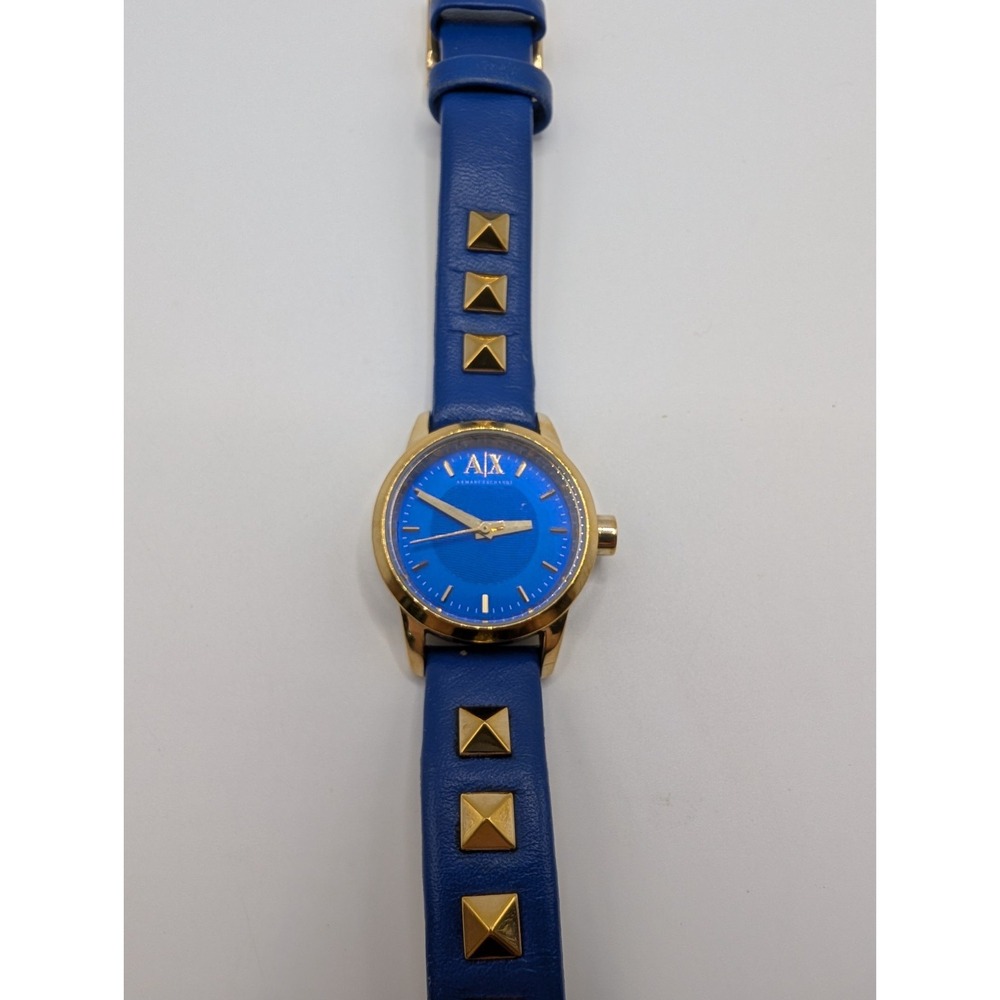 Armani Exchange AX6021 Womens Blue Leather Studded Quartz Watch Gold Tone Tested